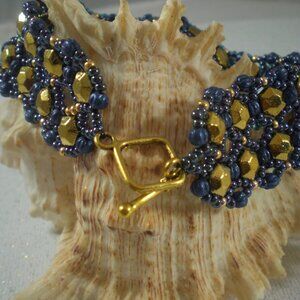 Navy/Gold Honeycomb Bracelet, Hand Beaded
